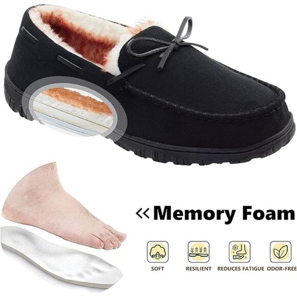 Moccasin Slippers Microsuede Upper Plush Lining Rubber Sole Black Mens Size 10 - Picture 3 of 11